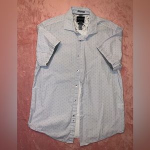 Denim & Flower Men’s Short Sleeve Button Down Blue/White Pin Stripe Red Dots